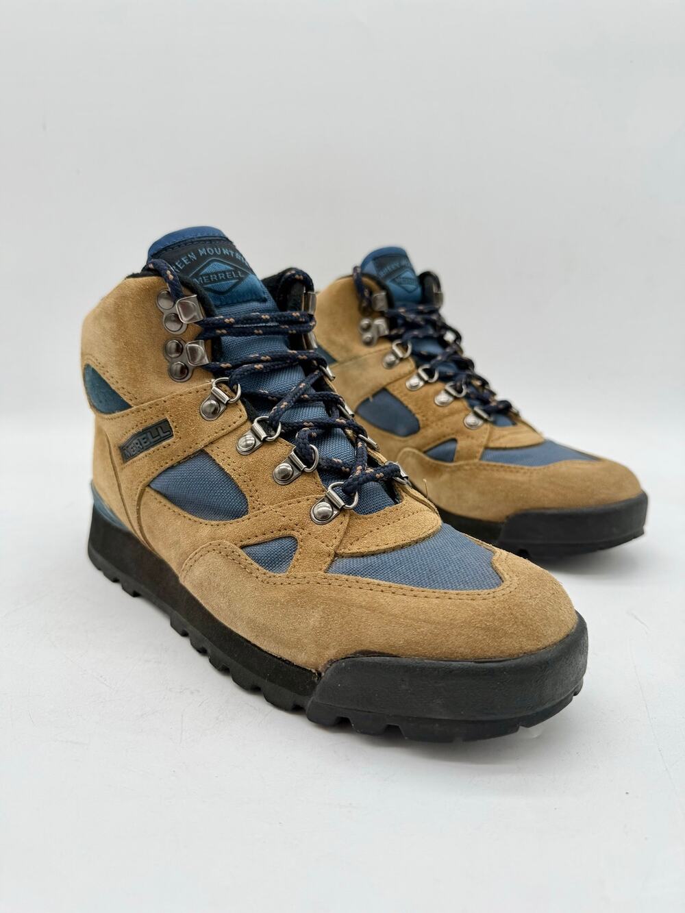 Merrell Green Mountain Mid Hiking Boots Women's 7 Tan Suede Blue Trail Outdoor